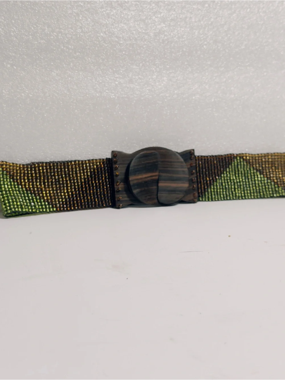 Beaded Multicolor Wide  Belt - Green, Brown, Gold Tones wood buckle